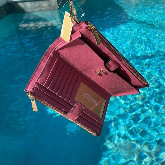 Michael Kors Jet Set Travel Large Double Zip Wristlet Wallet Rosewood Leather - Picture 9 of 16